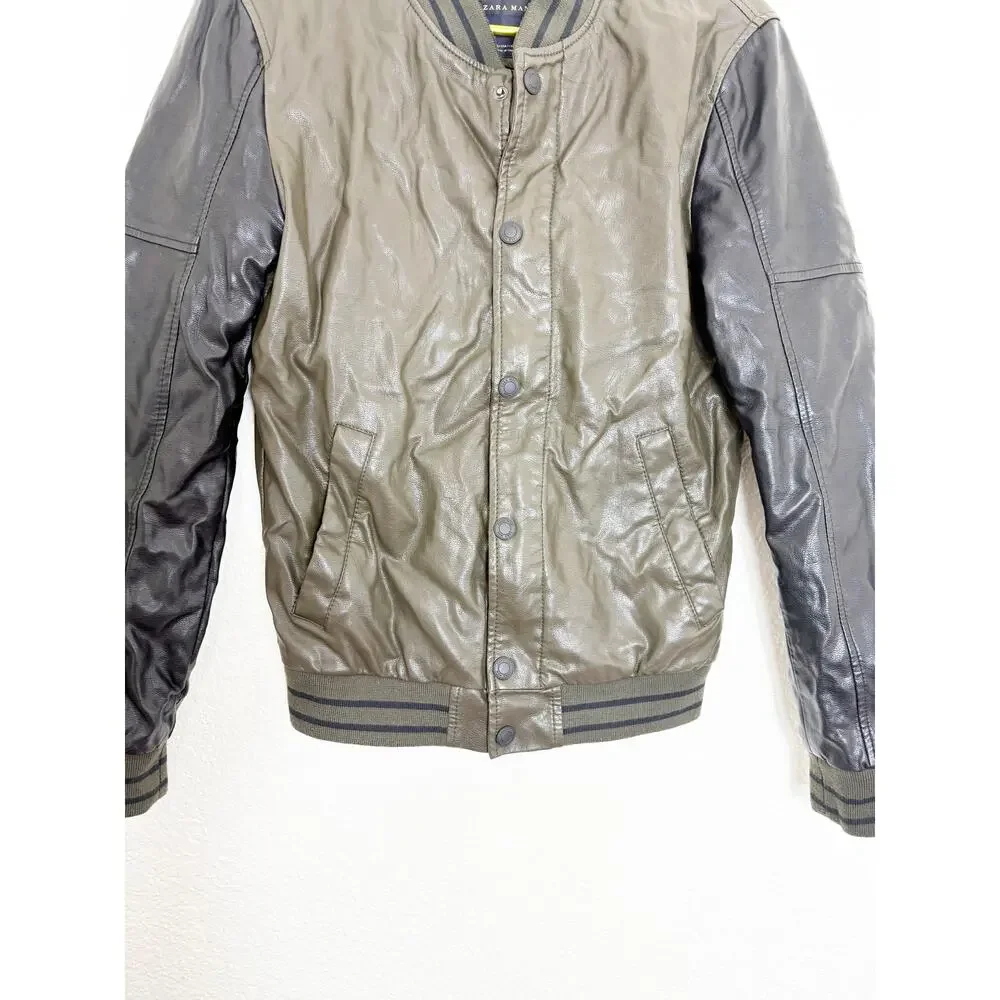 Zara Mens Vegan Leather Bomber Jacket Size Small Black Olive Green Quiet Luxury